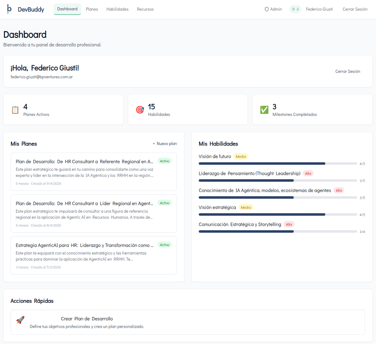 Development Buddy · Dashboard de desarrollo profesional